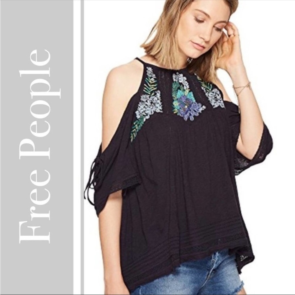 Free People Fast Time Embroidered Cold‎ Shoulder Tunic Navy